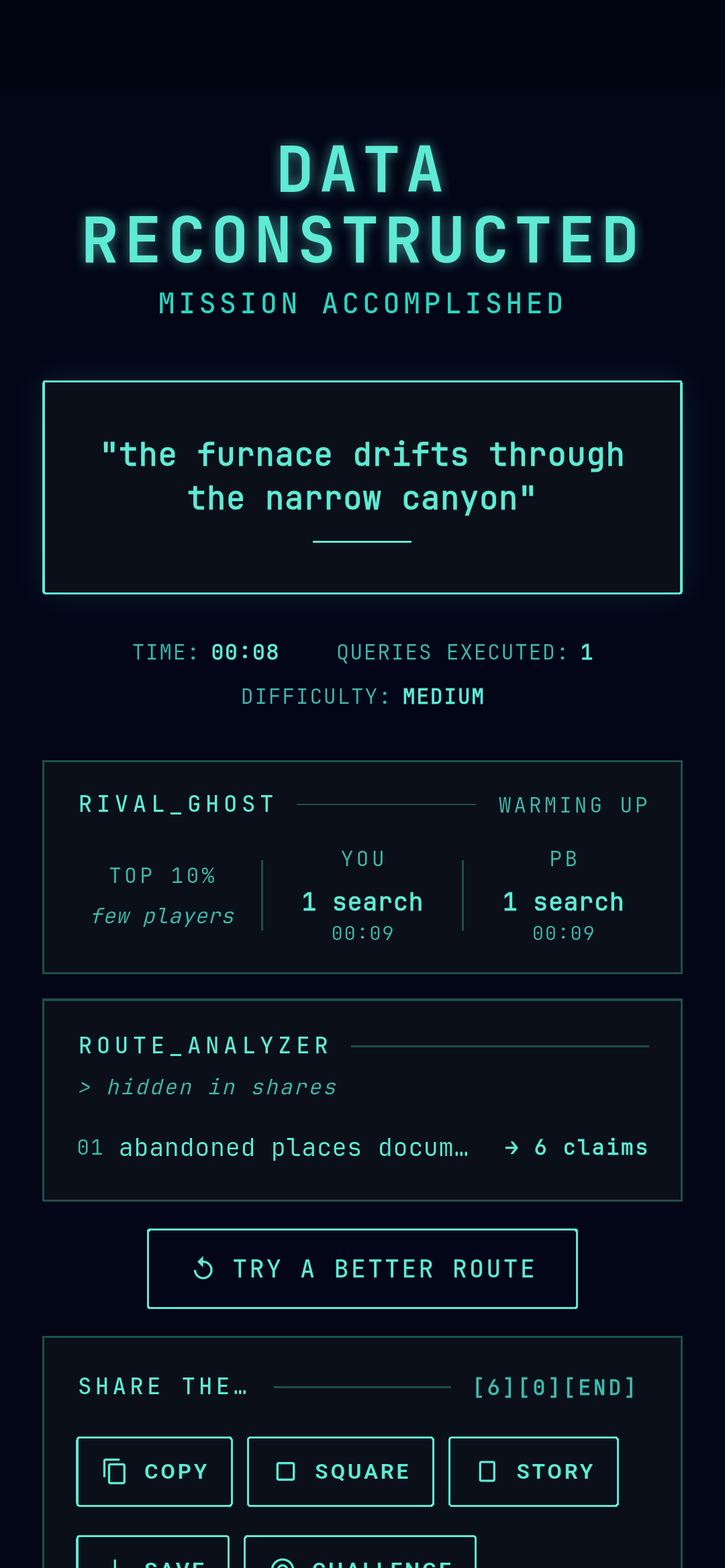 A completed run with its stats and share options